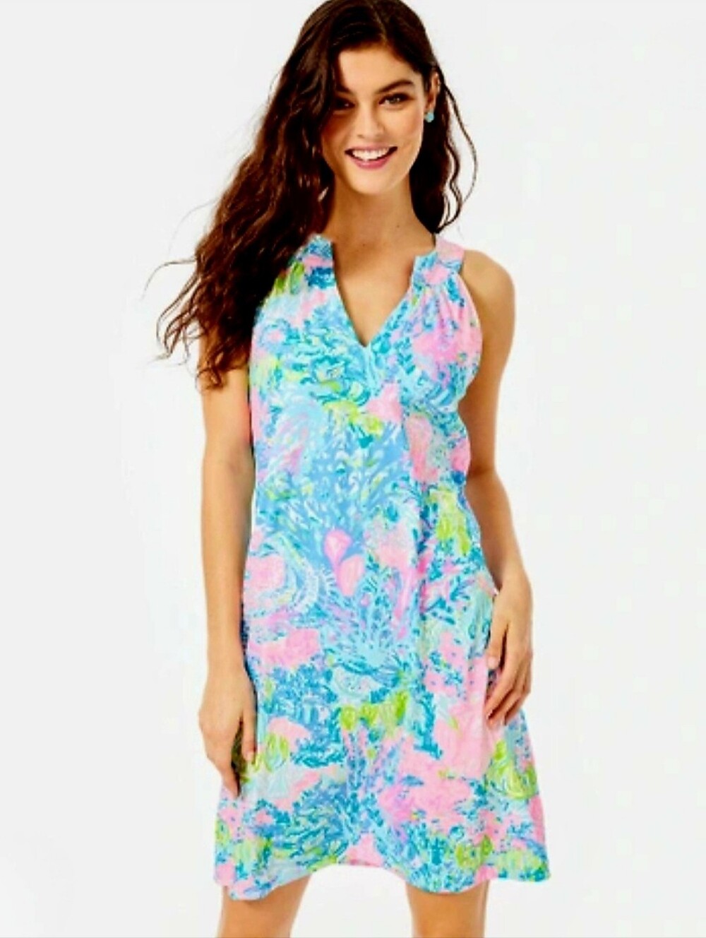 Lilly  Pulitzer Ross Shift Dress Bali Blue & Pink 100% Cotton Tropical Beachy XL
